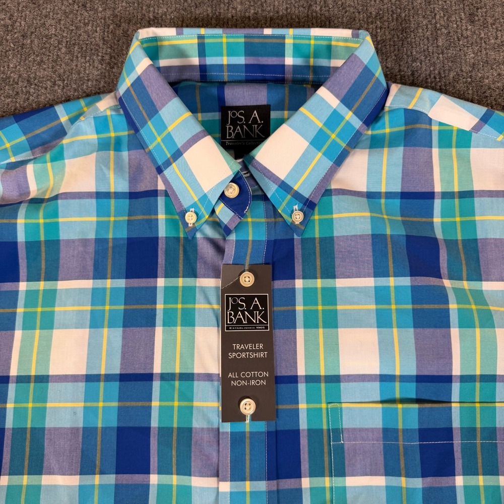 Jos A Bank Traveler Shirt Men XL Blue Teal Plaid Non-Iron Short Sleeve NWT #3950